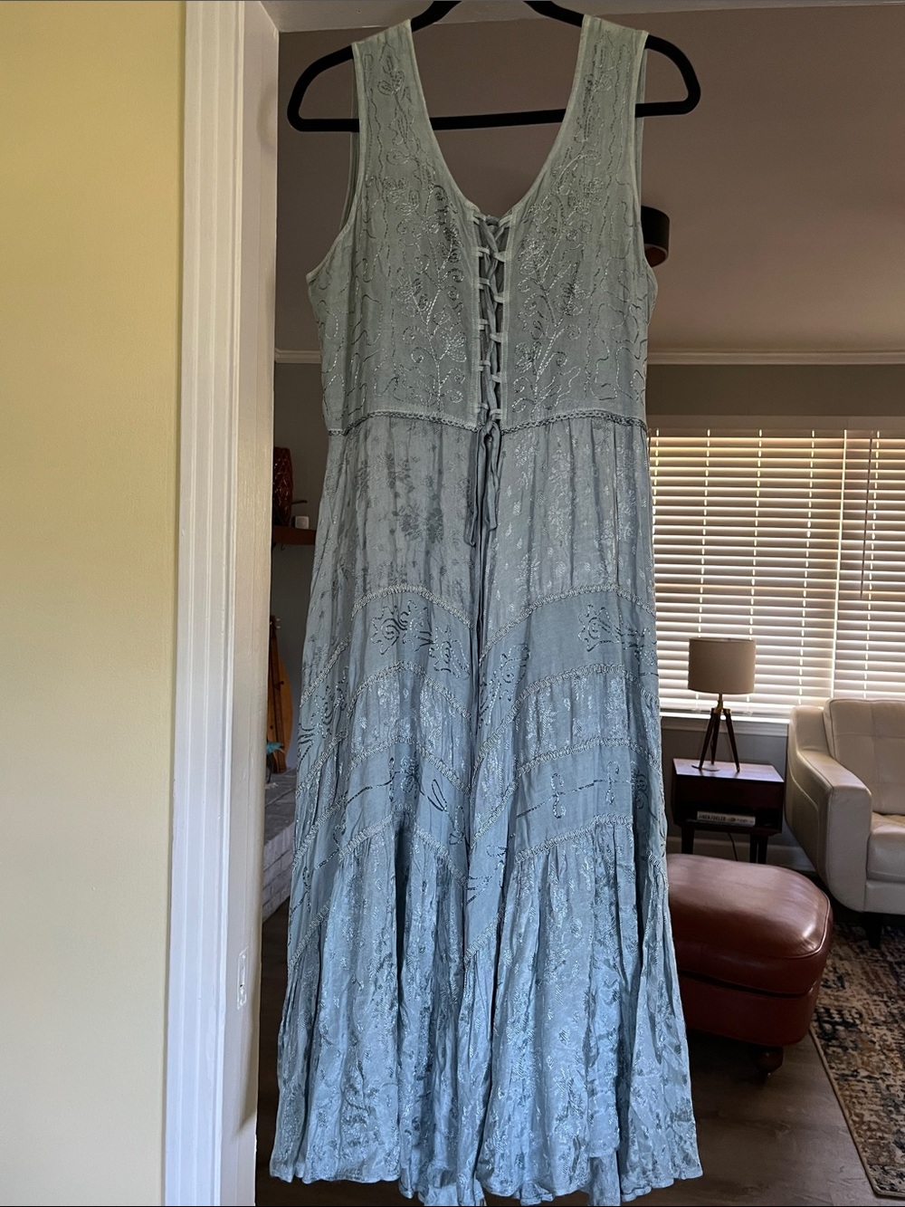 Scully Lace-Up Jacquard Midi Dress – Dusty Blue Size L Western Ranch - Picture 6 of 13